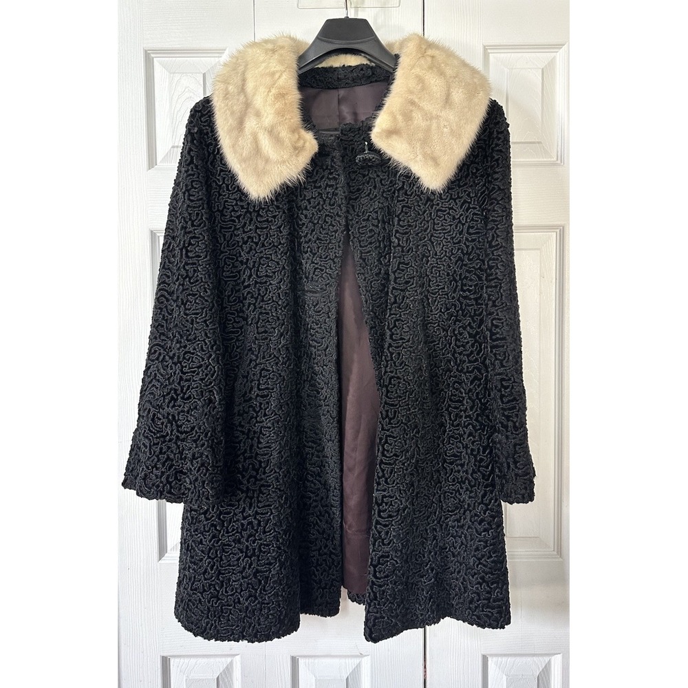 Vintage Astrakin Lepshire Longline Curly Persian Lamb Wool Coat with Mink Fur XL